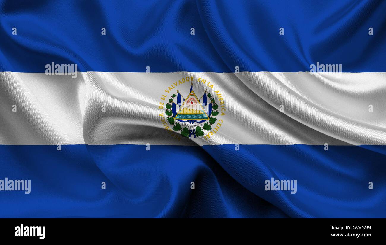 Alta bandiera dettagliata di El Salvador. Bandiera nazionale di El Salvador. Nord America. Illustrazione 3D. Foto Stock