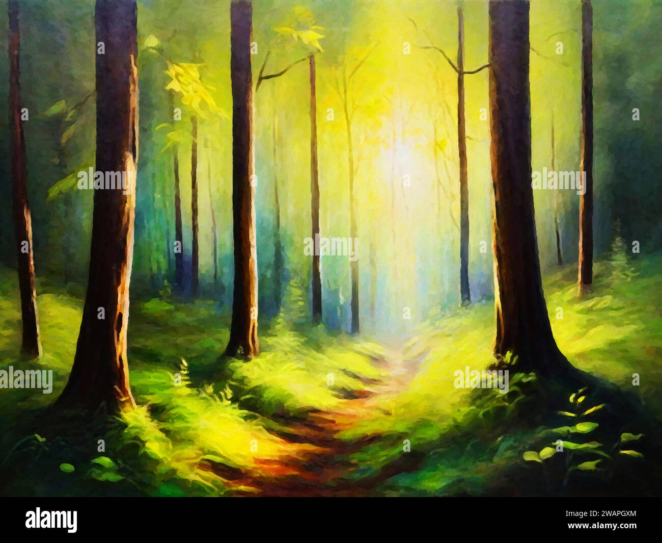 Light and Shadows (Forest Scene)' - Un dipinto che cattura l'interazione di luci e ombre tra alberi e fogliame in una foresta. Illustrazione Vettoriale