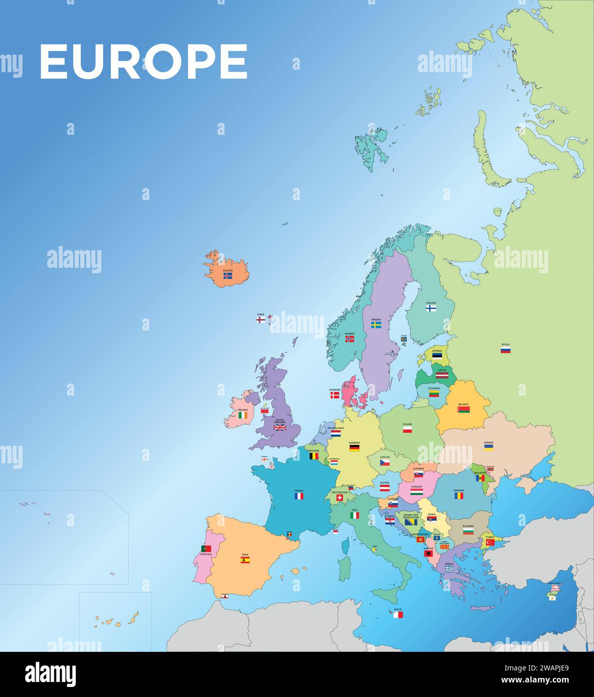 Mappa dell'Europa con la divisione territoriale degli stati con nomi e bandiere delle nazioni, illustrazione vettoriale Illustrazione Vettoriale