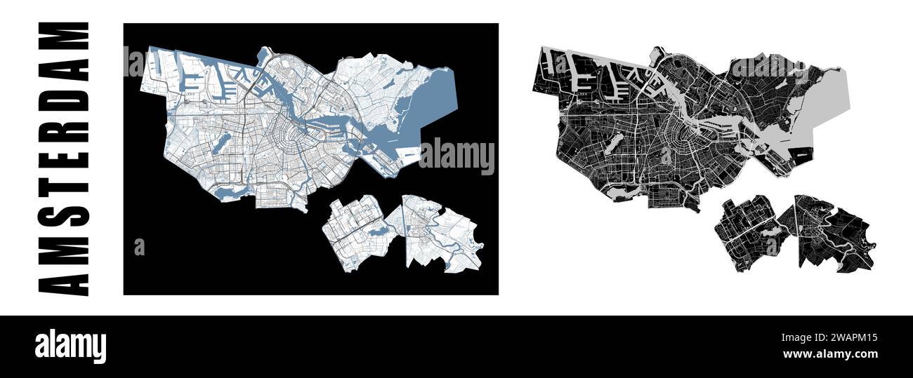 Mappa di Amsterdam. Città dei Paesi Bassi entro i confini amministrativi comunali. Set di mappe vettoriali in bianco e nero. Strade e fiume Amstel, canale, alto Illustrazione Vettoriale