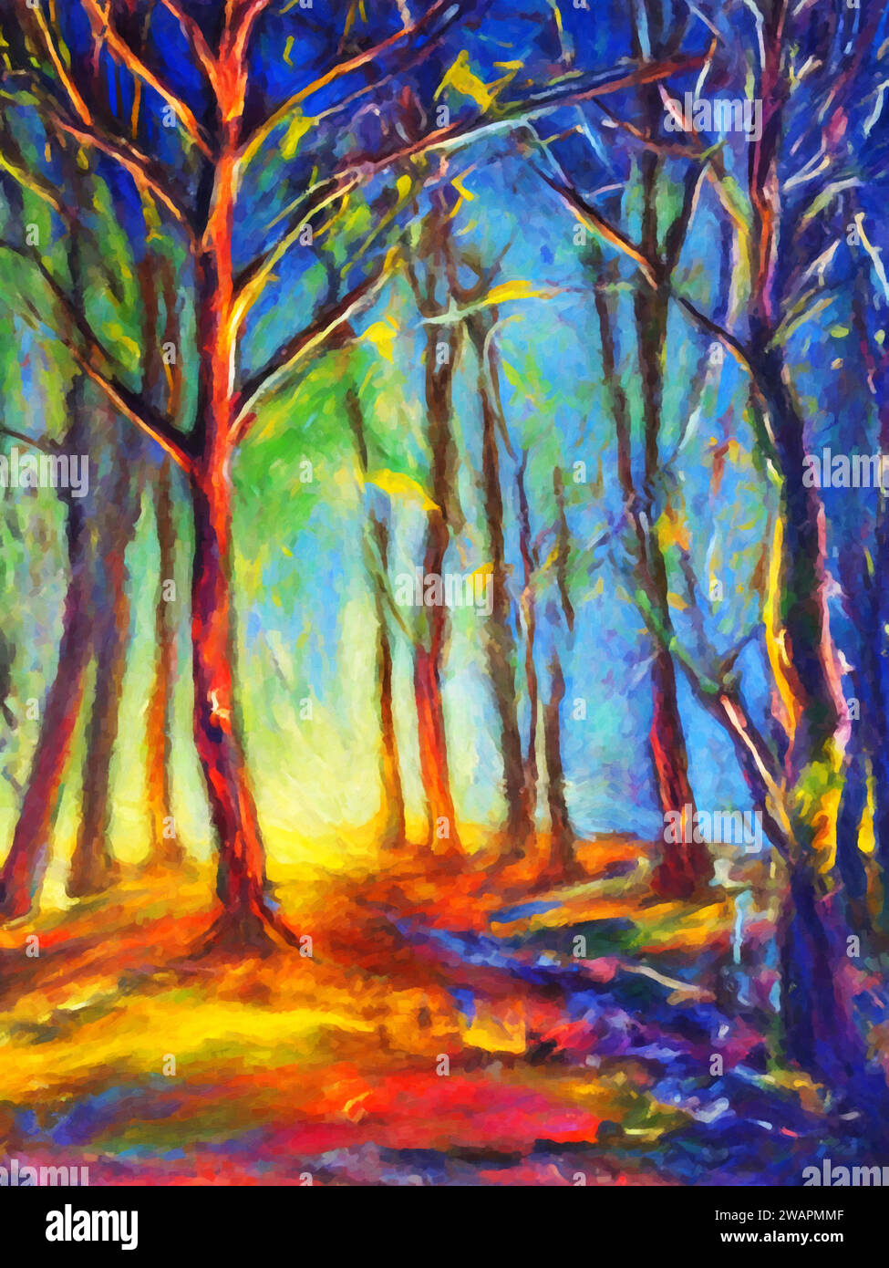 Light and Shadows (Forest Scene)' - Un dipinto che cattura l'interazione di luci e ombre tra alberi e fogliame in una foresta. Illustrazione Vettoriale