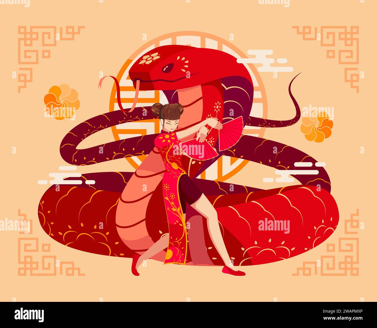 Anno del Serpente Zodiaco Cinese. Felice sfondo lunare o Capodanno cinese Illustrazione Vettoriale