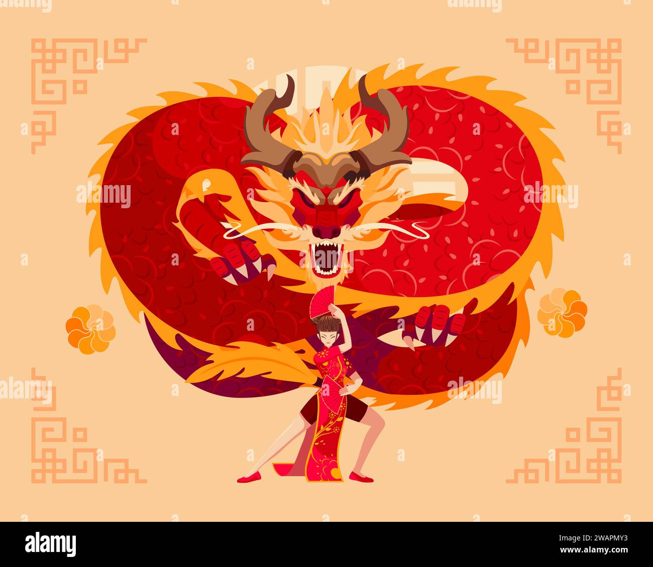 Anno del Drago Zodiaco Cinese. Felice sfondo lunare o Capodanno cinese Illustrazione Vettoriale