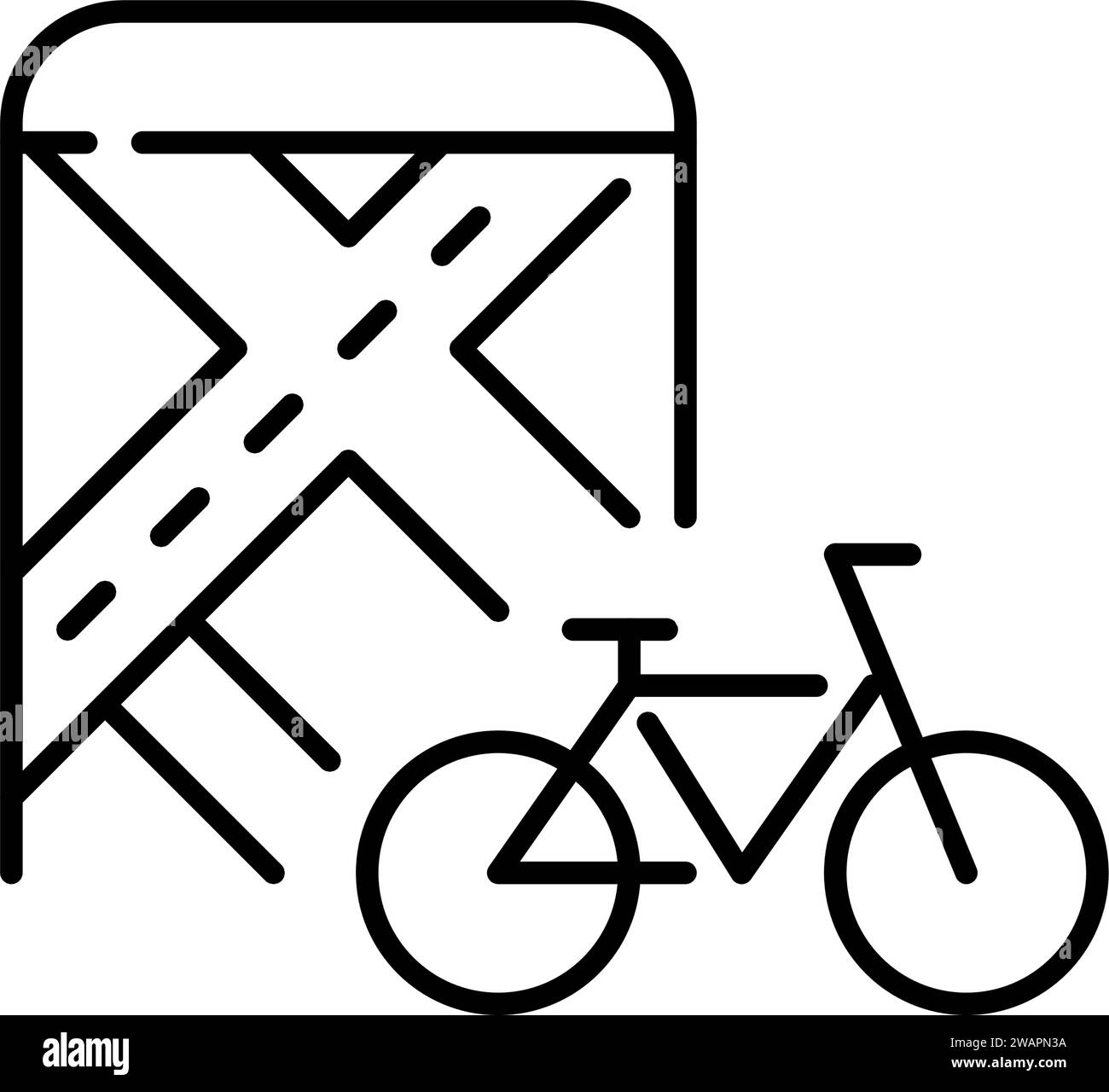 App bike sharing. Bicicletta e mappa che mostra la posizione. Icona pixel Perfect, traccia modificabile Illustrazione Vettoriale