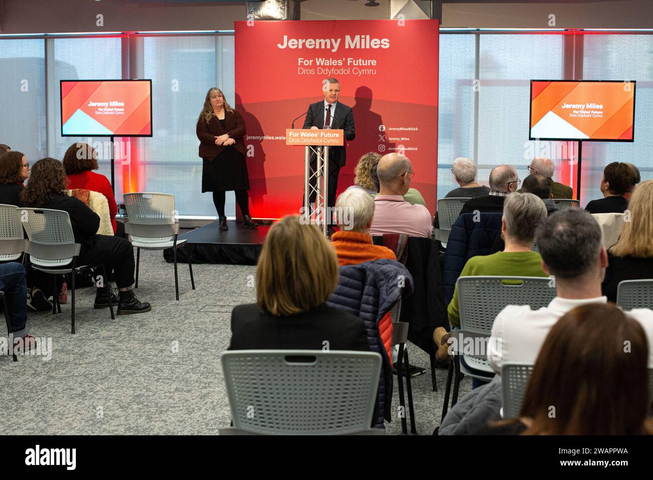 Lancio della campagna Jeremy Miles per diventare il prossimo leader del lavoro gallese e primo ministro del Galles. IQ Building, UWTSD Campus, Swansea 6 gennaio 2024 Foto Stock