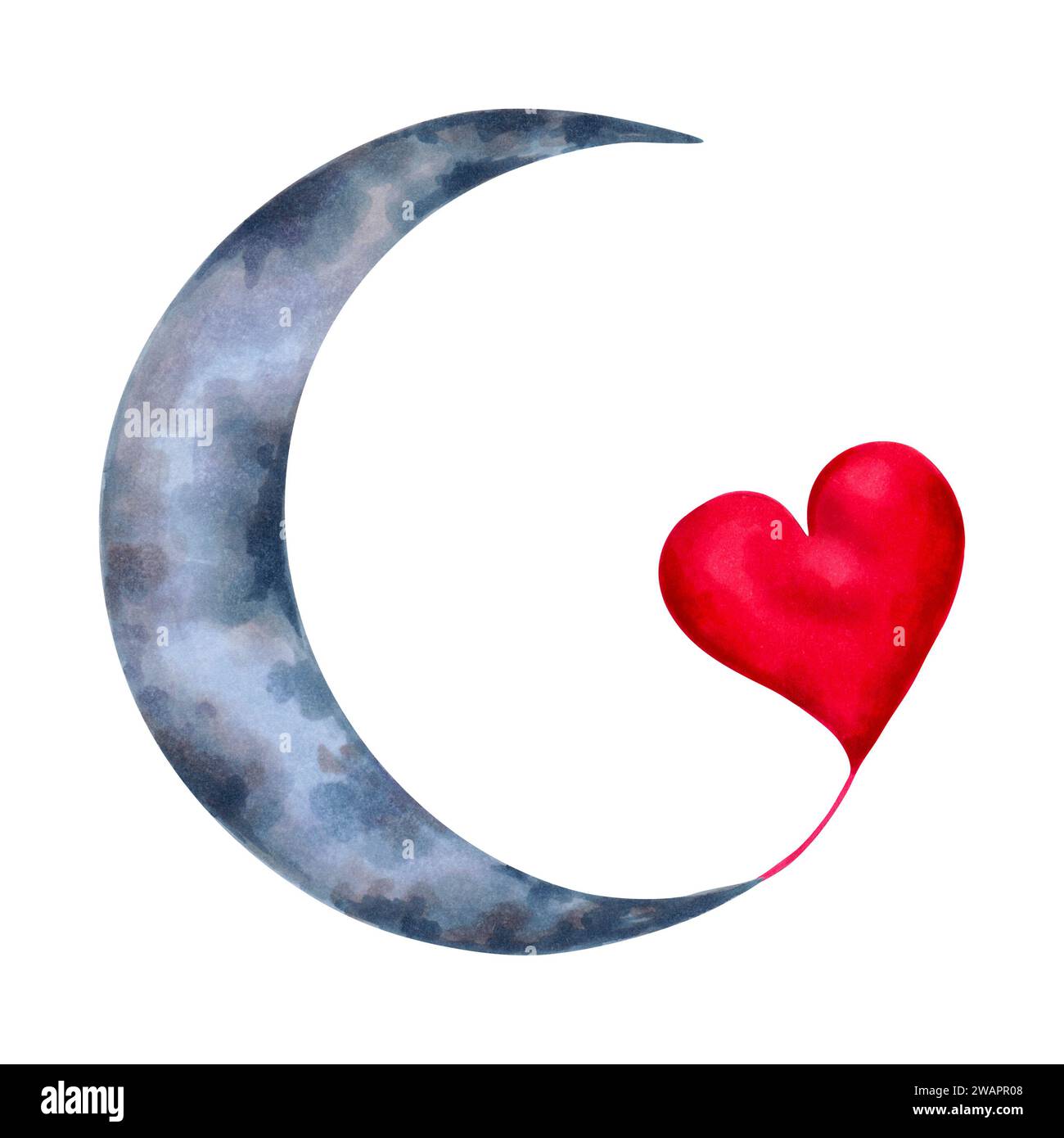 Clipart di una luna a mezzaluna con un cuore. Disegno astrologico per San Valentino. Illustrazione acquerello e marcatori. Crescent Moon per icona o logo Foto Stock
