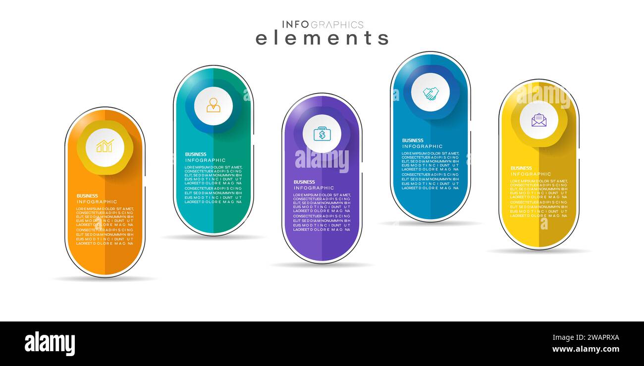 Modello di progettazione infografica con icone e 5 opzioni o passaggi. Illustrazione Vettoriale