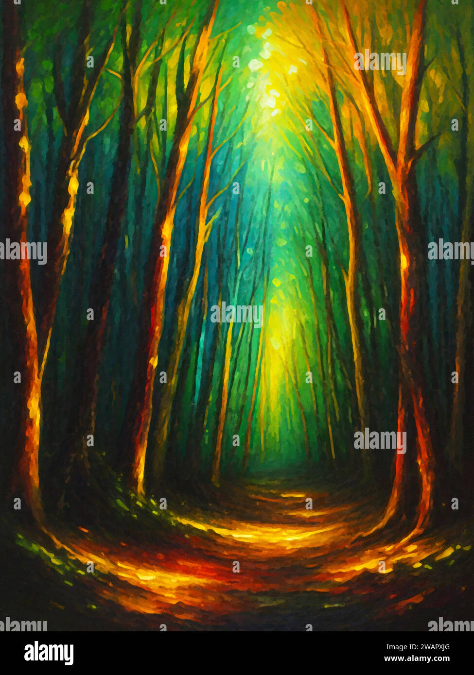 Light and Shadows (Forest Scene)' - Un dipinto che cattura l'interazione di luci e ombre tra alberi e fogliame in una foresta. Illustrazione Vettoriale