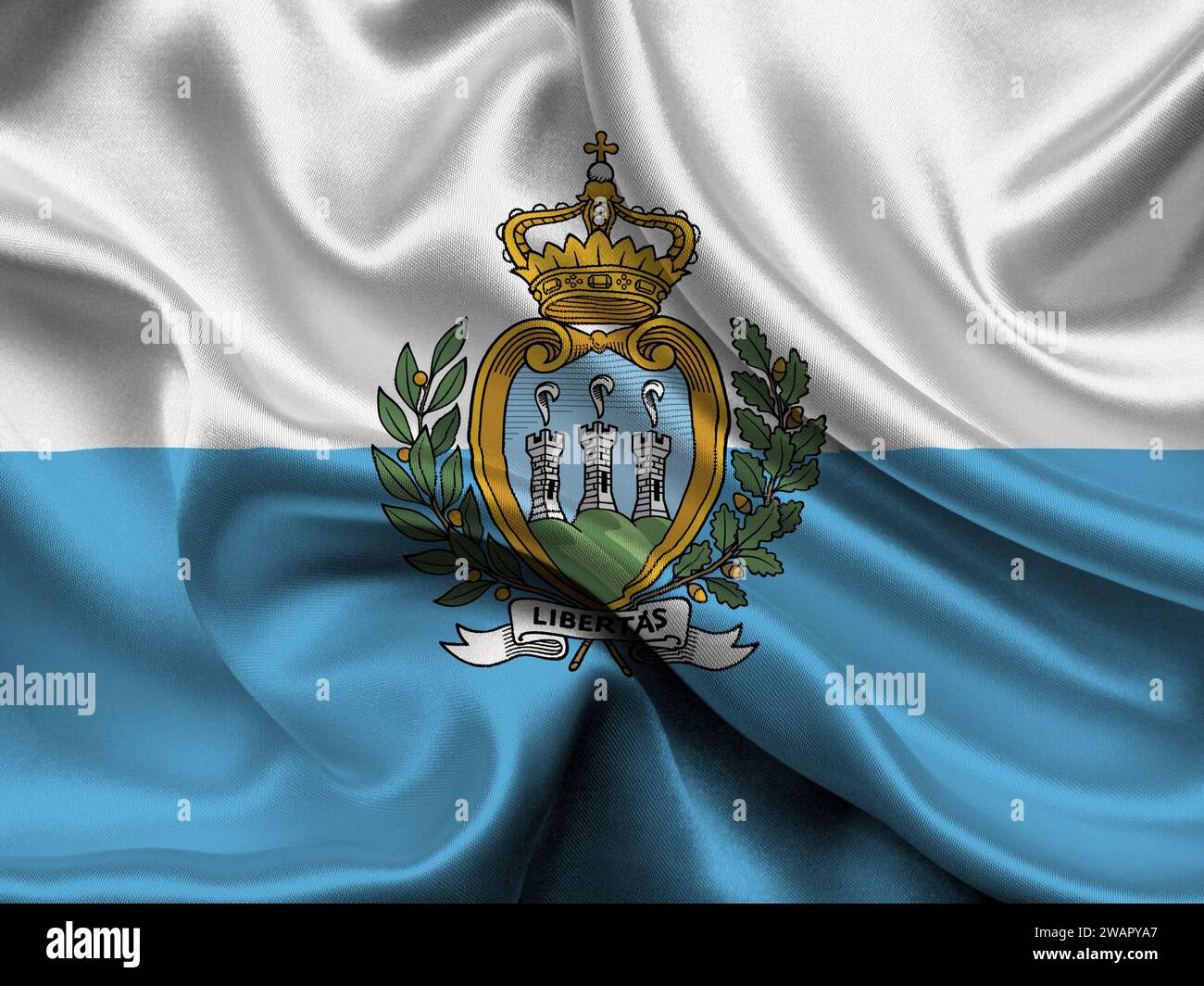 Alta bandiera dettagliata di San Marino. Bandiera nazionale di San Marino. Europa. Illustrazione 3D. Foto Stock