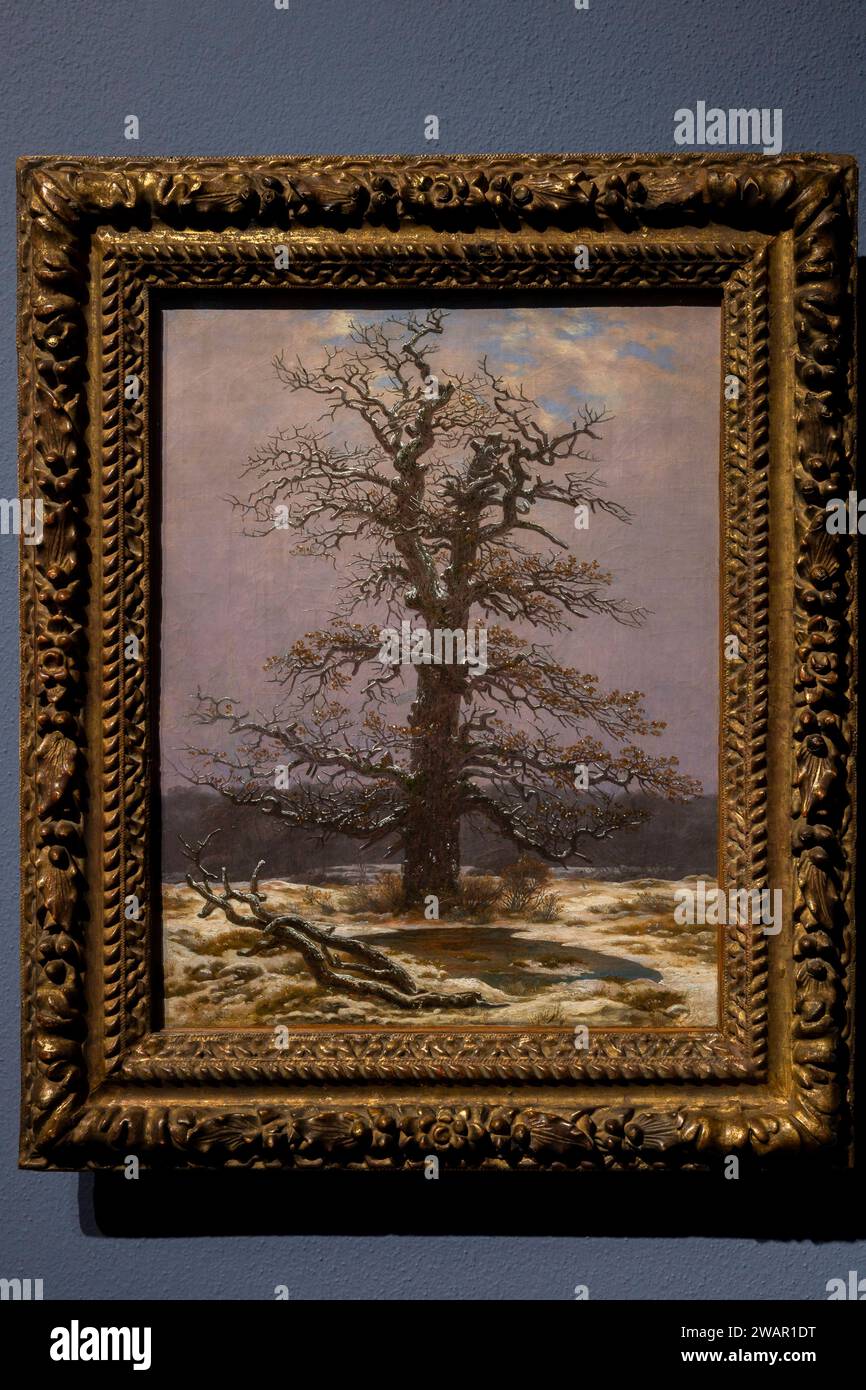 Dahl und Friedrich. Romantische Landschaften Dahl und Friedrich. Romantische Landschaften Eine Ausstellung der Galerie Neue Meister und des Kupferstich-Kabinetts der Staatlichen Kunstsammlungen Dresden, Caspar David Friedrich, Eiche im Schnee 1827 28 Dresda Sachsen Deutschland *** paesaggi romantici Dahl e Friedrich paesaggi romantici Dahl e Friedrich paesaggi romantici una mostra della Galerie Neue Meister e del Kupferstich Kabinett dello Staatliche Kunstsammlungen Dresda, Caspar David Friedrich, Oak in the Snow 1827 28 Dresda Sassonia Germania Foto Stock