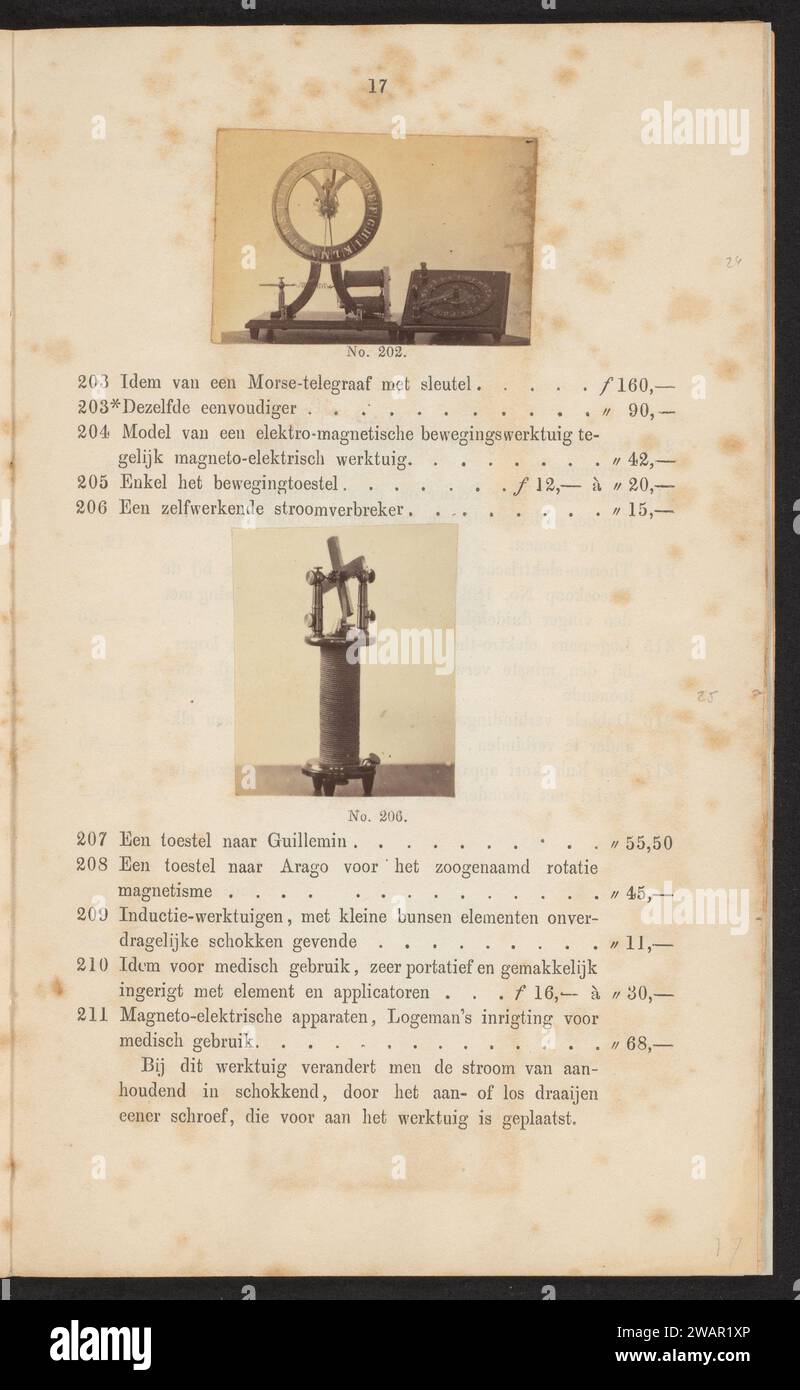 Due strumenti fisici, F.W. Funckler, c. 1857 - in o prima del 1867 foto sopra un modello di Hurtlegraaf, sotto un interruttore di alimentazione automatico. Carta dei Paesi Bassi. supporto fotografico per la fisica della stampa di albumi (+ strumenti, strumenti; apparecchiature di laboratorio  ricerca scientifica) Foto Stock