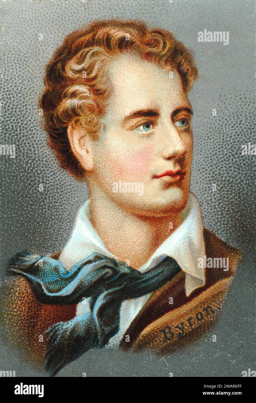 Ritratto di Lord Byron (1788-1824), George Gordon Byron, vi barone Byron, poeta inglese e leader del movimento romantico. cromolitografia c19th. Foto Stock