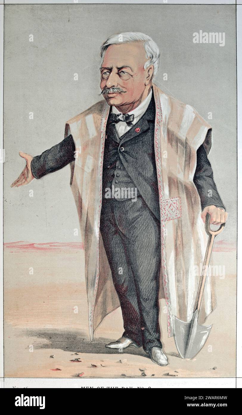 Ritratto a lunghezza intera di Ferdinand de Lesseps (1805-1894) diplomatico francese e costruttore del Canale di Suez con Spade simbolica. 1869 illustrazione da Vanity Fair Foto Stock