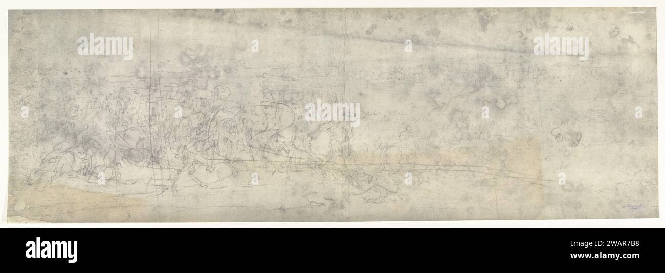 Traversata del Reno, 1672, 1900 - 1903 Fotografia di un disegno di attraversamento del Reno nei pressi di Tolhuis vicino a Lobith dell'esercito francese al comando di Luigi XIV il 12 giugno 1672. Parte di una serie di foto di disegni di città conquistate durante l'invasione francese dei Paesi Bassi nel 1672. Stampa francese in gelatina argento che attraversa un fiume. Movimenti di truppe, pedaggio per il trasporto Foto Stock