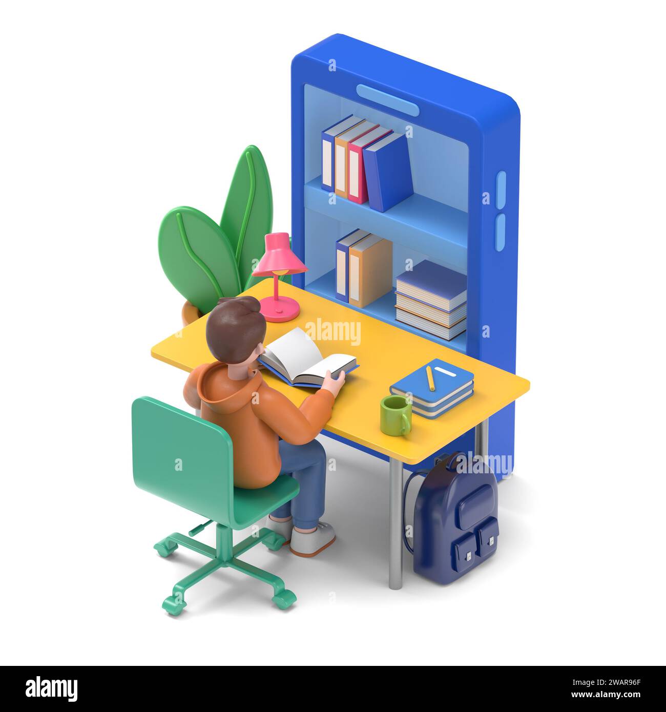 Studente che studia a casa. Può essere utilizzato per banner Web, infografiche, immagini eroiche.illustrazione 3D del rendering Felix.3D dell'uomo asiatico su sfondo bianco. Foto Stock