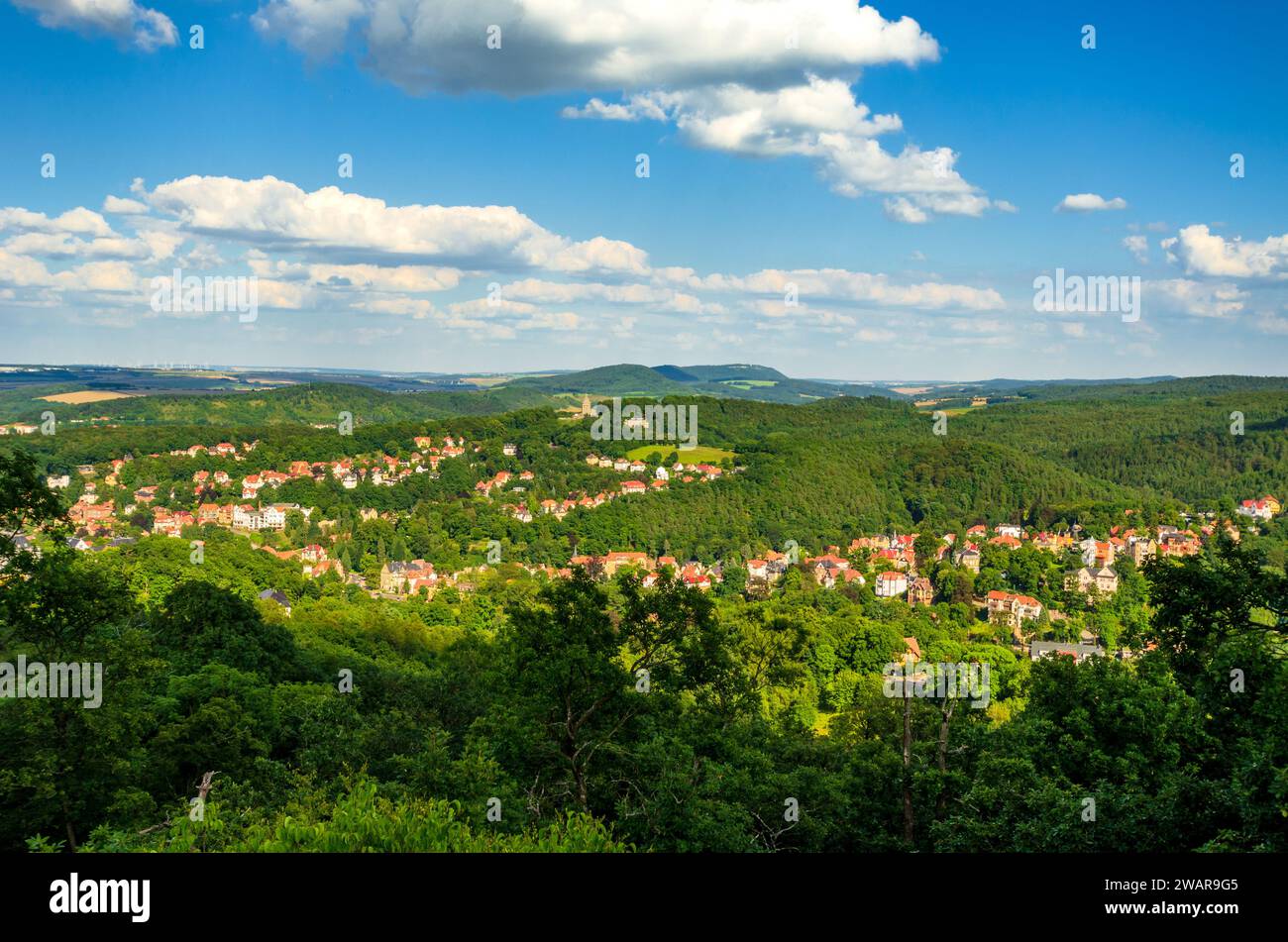 Vista di Eisenach, Turingia, Germania dal castello di Wartburg Foto Stock