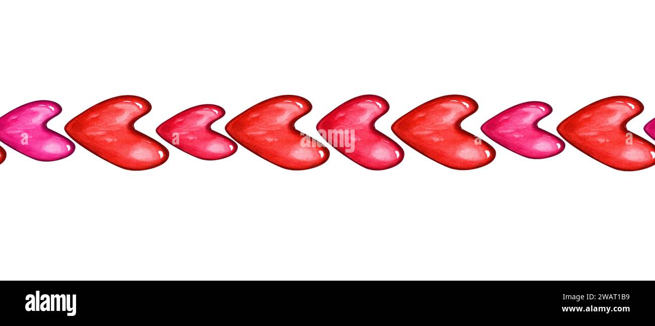 Bordo senza cuciture con cuori rossi. Caramelle, bonbonbononi, lecca lecca, caramelle zuccherate sul bastoncino. Illustrazione ad acquerello per decorazioni e design. San Valentino Foto Stock
