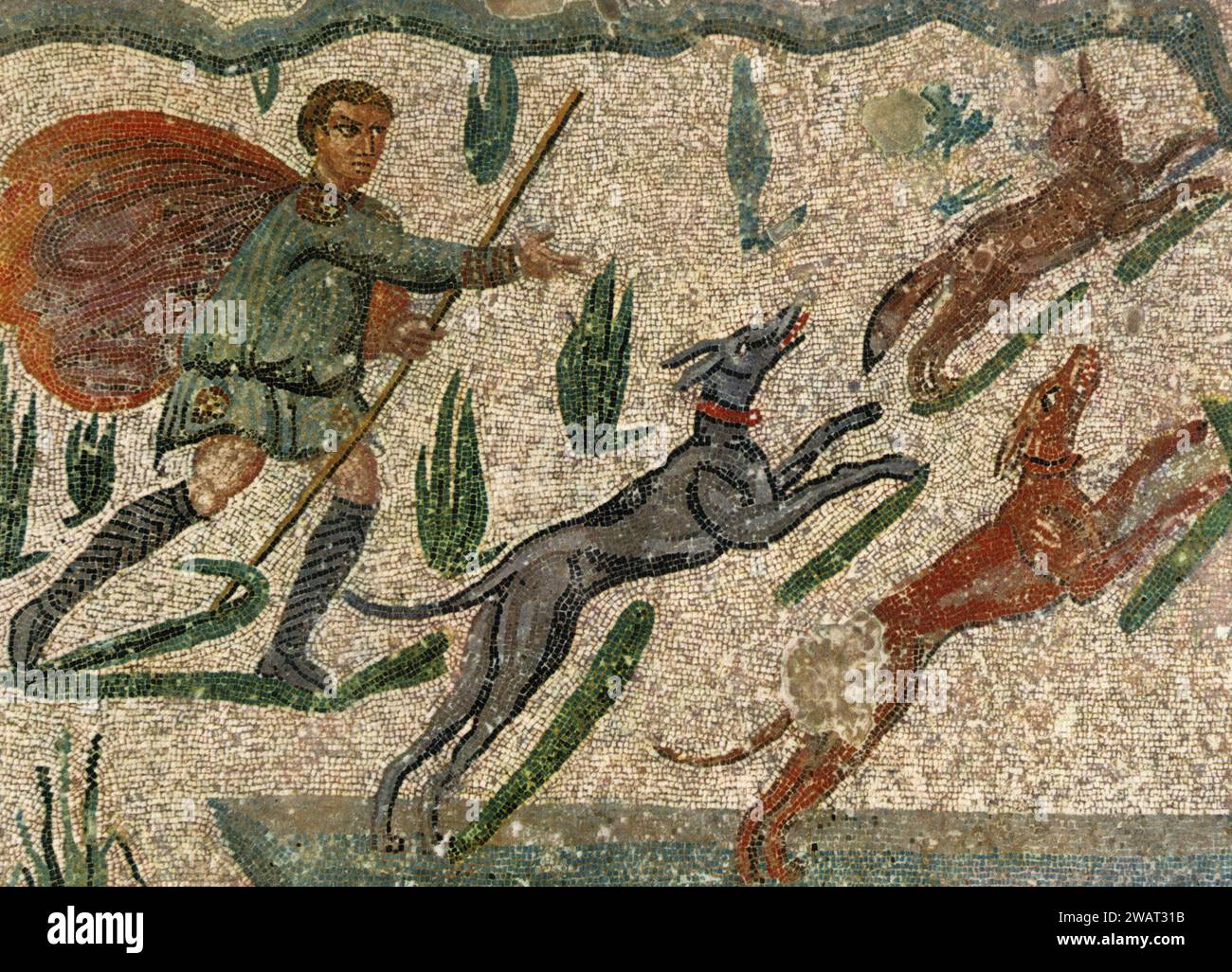 Antico scenario di caccia dei mosaici: La caccia alla volpe, Villa romana del Casale, Piazza Armerina, Sicilia, Italia anni '1960 Foto Stock