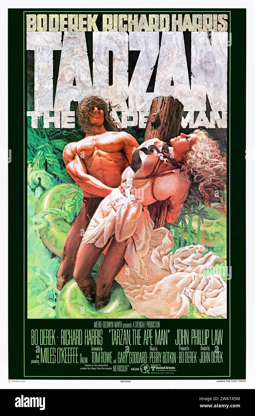 Tarzan the Ape Man (1981), diretto da John Derek e interpretato da Bo Derek, Richard Harris e Miles o'Keeffe. Durante una spedizione africana con suo padre, Jane Parker incontra Tarzan, e i due diventano affascinati l'uno dall'altro. Fotografia di un poster originale degli Stati Uniti del 1981 con opere d'arte di James H. Michaelson. ***SOLO USO EDITORIALE*** credito: BFA / Metro-Goldwyn-Mayer Foto Stock