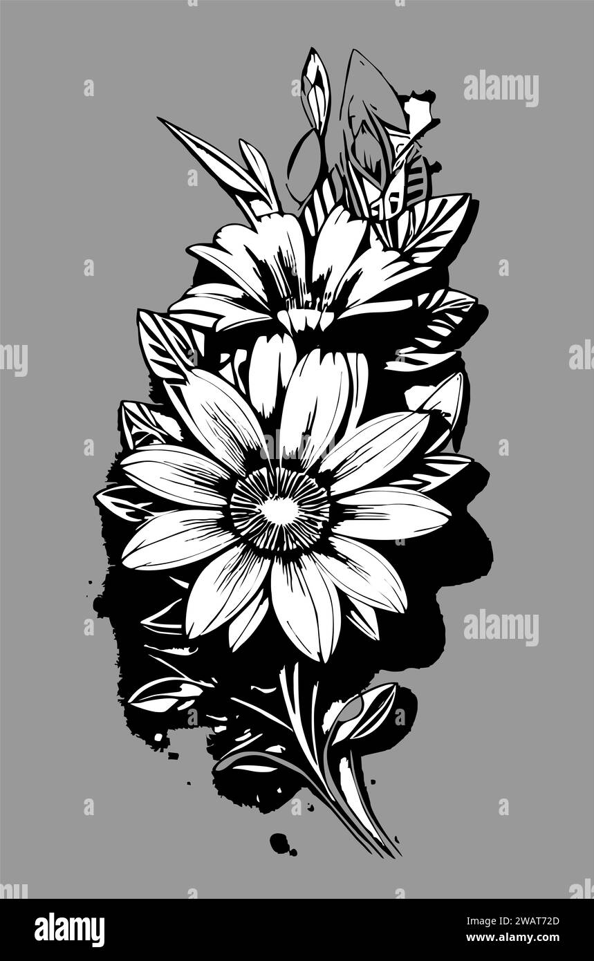 disegno lineare grafico in bianco e nero di un ramo di fiori su sfondo grigio, disegno Foto Stock