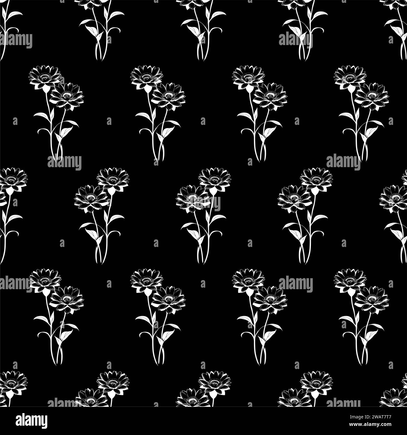 motivo senza cuciture di fiori bianchi su sfondo nero, texture e sfondo Foto Stock