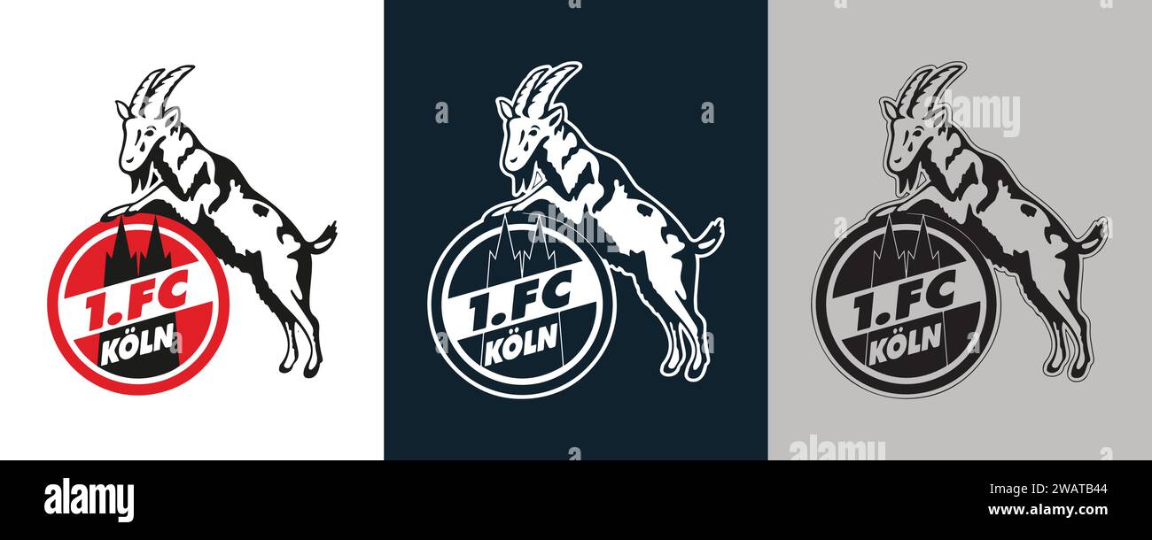 1. FC Koln colore bianco e nero Logo a 3 stili club di calcio professionistico tedesco, illustrazione vettoriale immagine editabile astratta Illustrazione Vettoriale