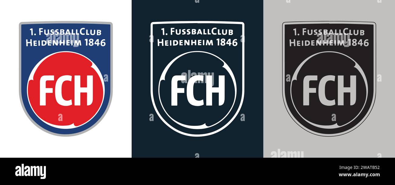 1. FC Heidenheim 1846 FC colore bianco e nero Logo a 3 stili club di calcio professionistico tedesco, illustrazione vettoriale immagine astratta modificabile Illustrazione Vettoriale