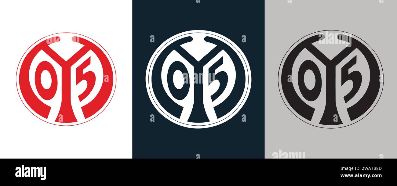 1. FSV Mainz 05 FC colore bianco e nero Logo a 3 stili club di calcio professionistico tedesco, illustrazione vettoriale immagine astratta modificabile Illustrazione Vettoriale