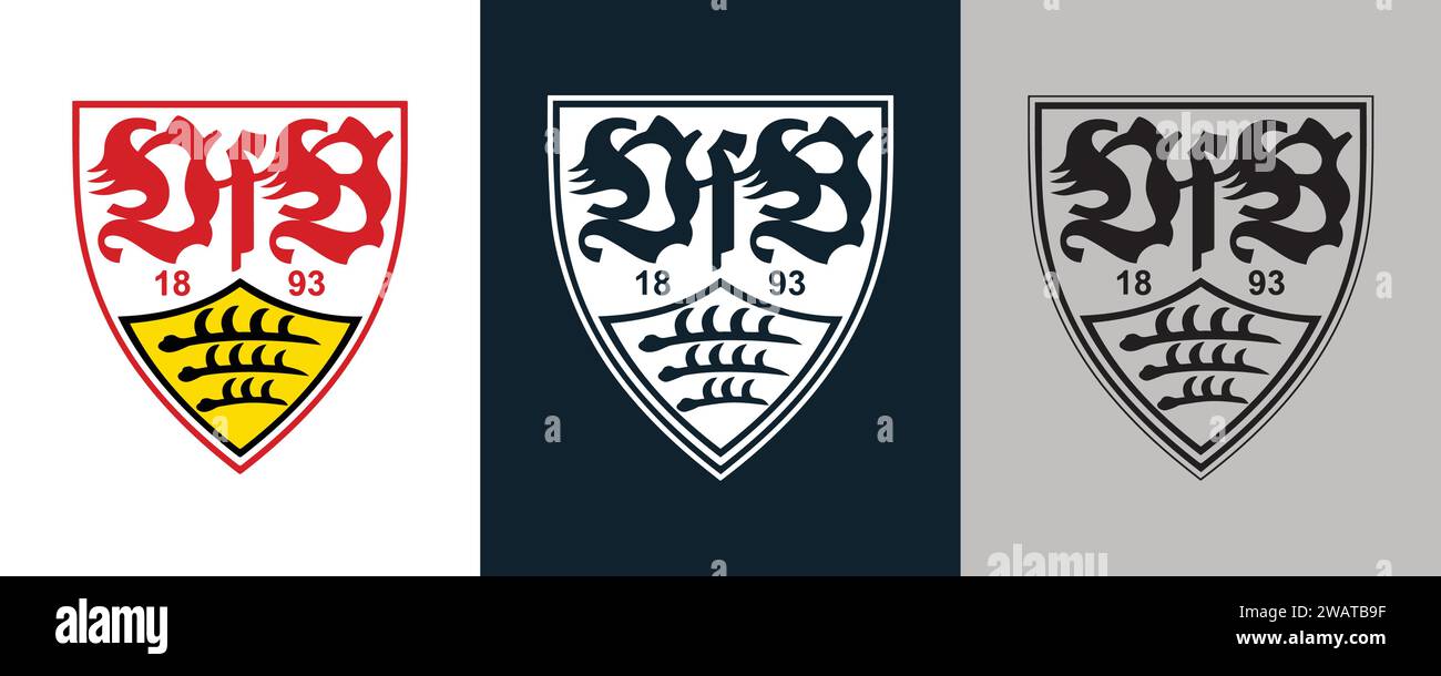 VfB Stuttgart 1893 colore bianco e nero Logo a 3 stili club di calcio professionistico tedesco, illustrazione vettoriale immagine astratta modificabile Illustrazione Vettoriale