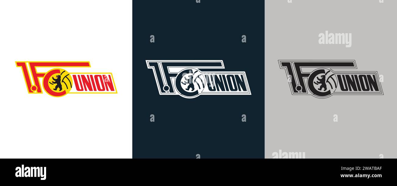 1. FC Union Berlin colore bianco e nero Logo a 3 stili club di calcio professionistico tedesco, illustrazione vettoriale immagine riassuntiva modificabile Illustrazione Vettoriale