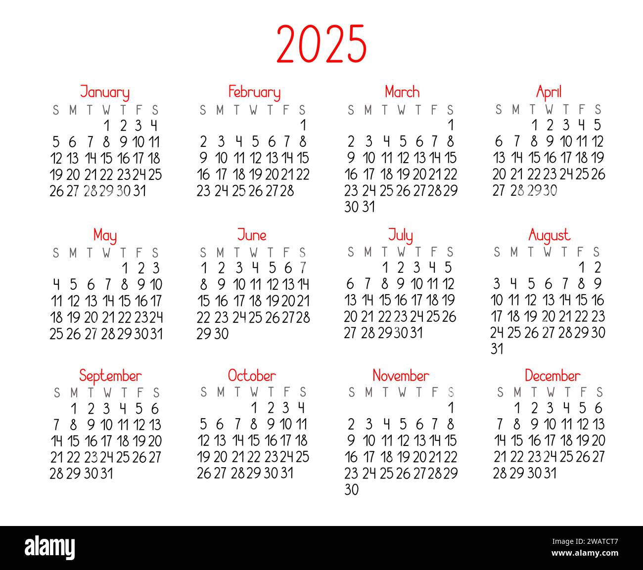 Modello di calendario per l'anno 2025 in semplice stile minimalista, la settimana inizia la domenica, pagina stampabile vettoriale Illustrazione Vettoriale