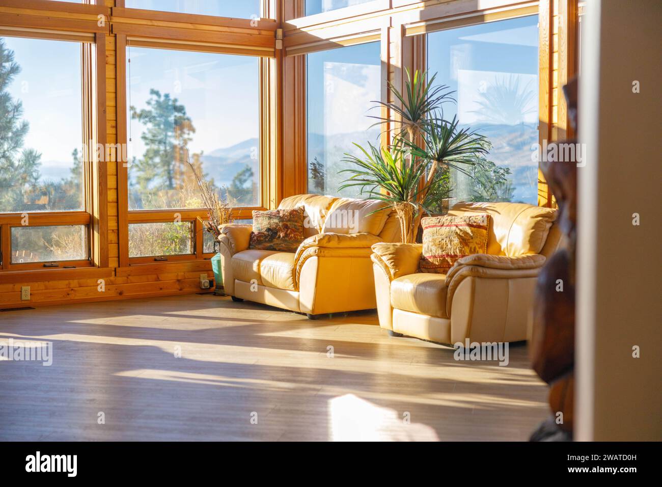 Questo soggiorno, luminoso e dotato di abbondante luce naturale proveniente dall'ampia finestra Foto Stock