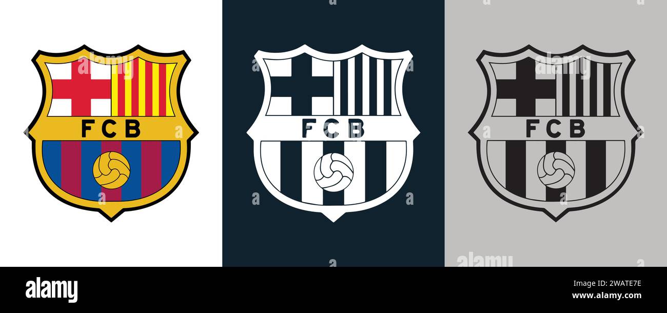 FC Barcelona colore bianco e nero Logo a 3 stili squadra di calcio professionistica spagnola, illustrazione vettoriale immagine astratta Illustrazione Vettoriale