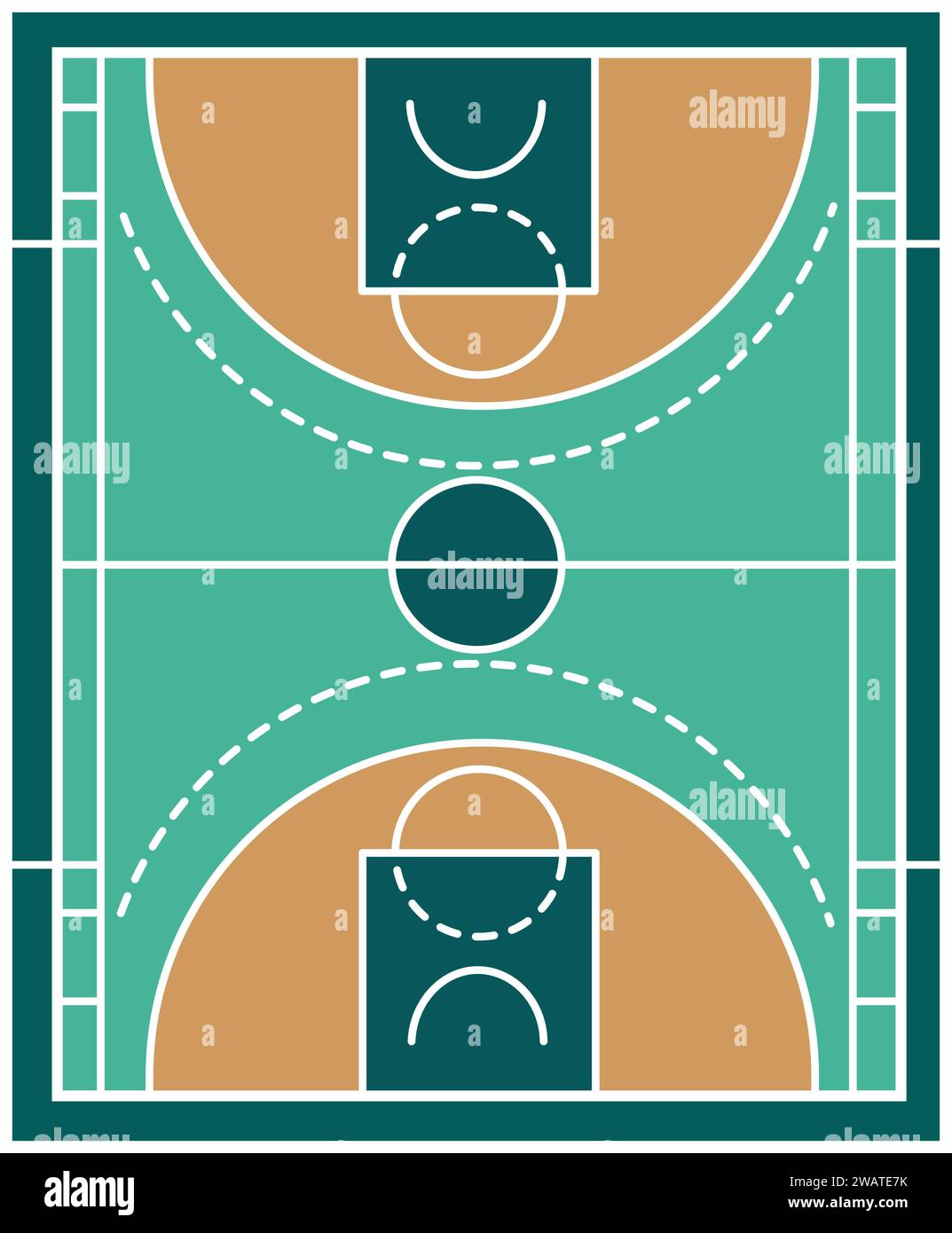Prova la partita da un punto di vista dall'alto con la vista Vector Top del campo da pallacanestro. Questa illustrazione dettagliata mostra il layout e le dimensioni o. Illustrazione Vettoriale
