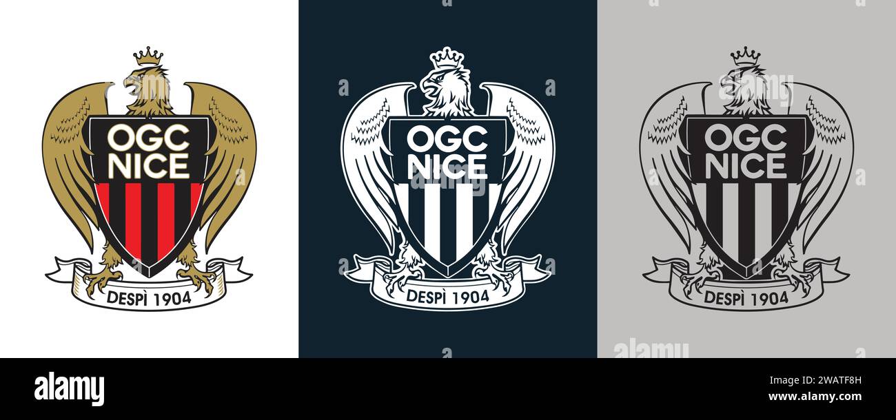 OGC Nice FC colore bianco e nero Logo a 3 stili France Professional Football Club, illustrazione vettoriale immagine riassuntiva modificabile Illustrazione Vettoriale
