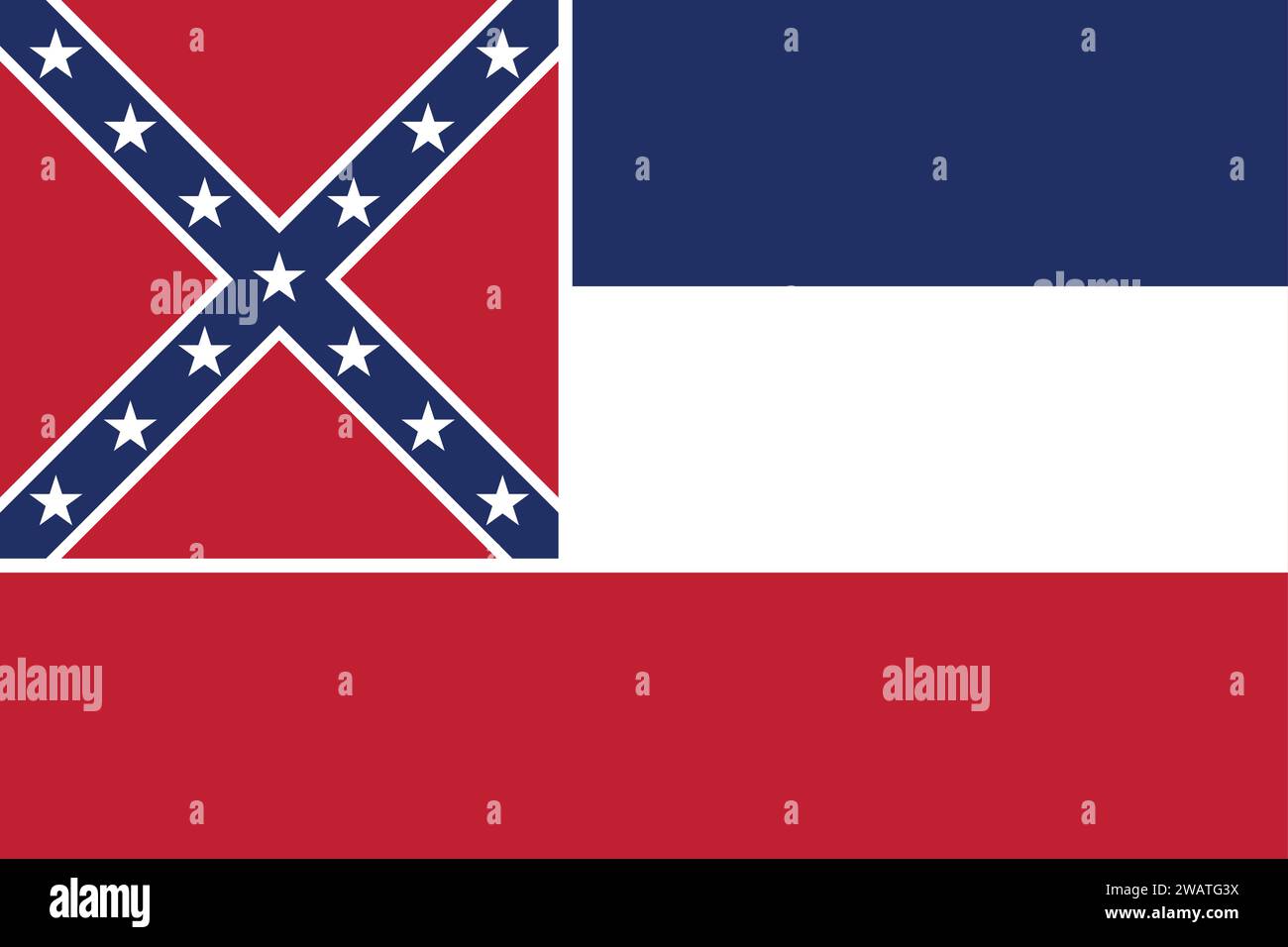 Alta bandiera dettagliata del Mississippi. Bandiera dello stato del Mississippi, bandiera nazionale del Mississippi. Bandiera dello stato del Mississippi. USA. America. Illustrazione Vettoriale