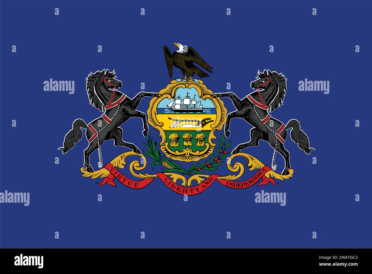 Bandiera molto dettagliata della Pennsylvania. Bandiera dello stato della Pennsylvania, bandiera nazionale della Pennsylvania. Bandiera dello stato della Pennsylvania. USA. America. Illustrazione Vettoriale