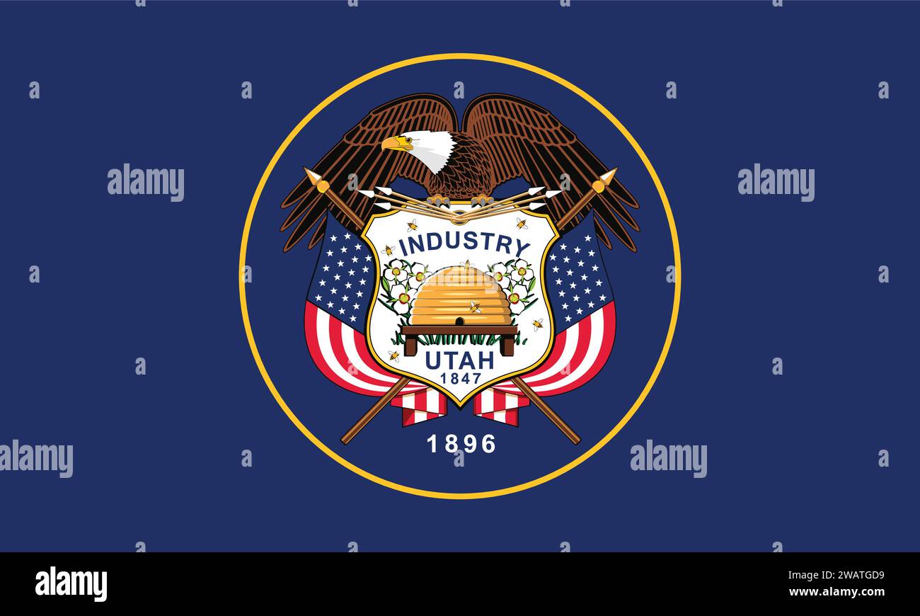 Alta bandiera dettagliata dello Utah. Bandiera dello stato dello Utah, bandiera nazionale dello Utah. Bandiera dello stato dello Utah. USA. America. Illustrazione Vettoriale