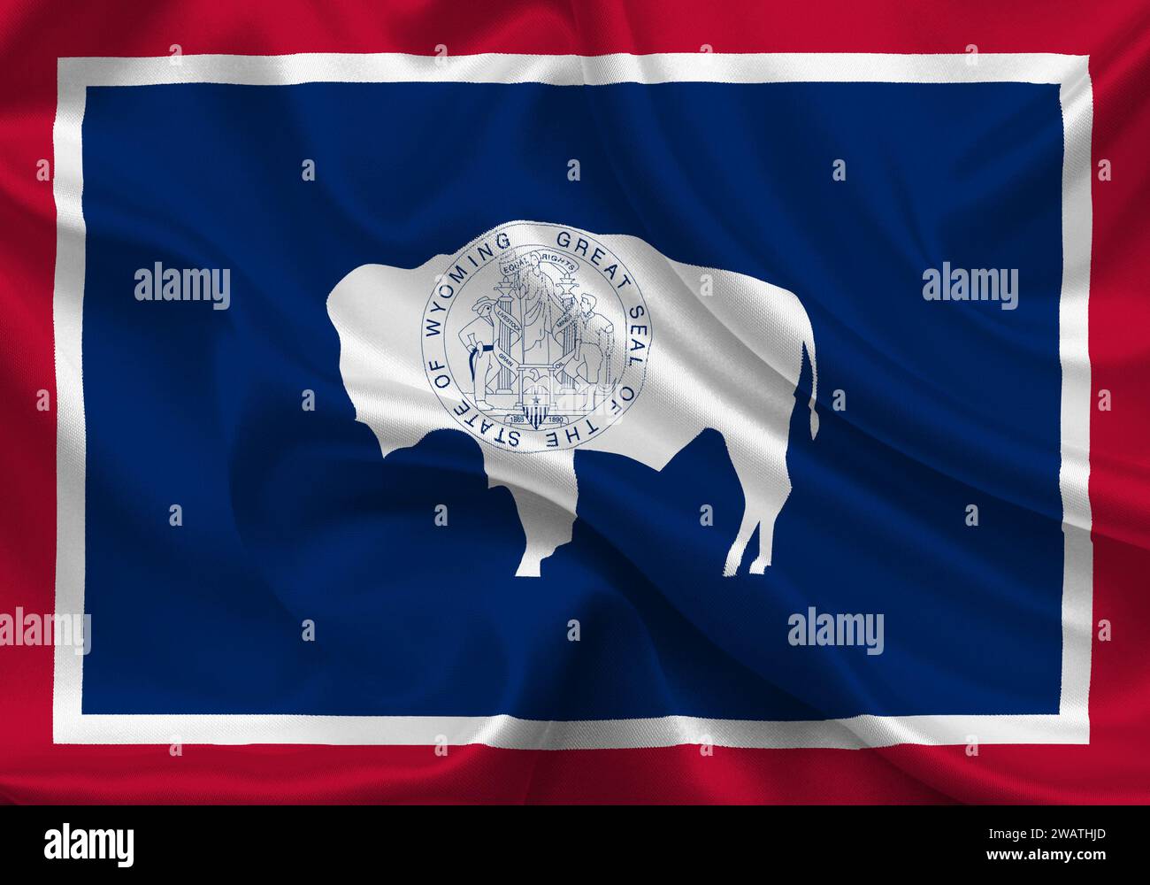 Bandiera molto dettagliata del Wyoming. Bandiera dello stato del Wyoming, bandiera nazionale del Wyoming. Bandiera dello stato del Wyoming. USA. America. Foto Stock