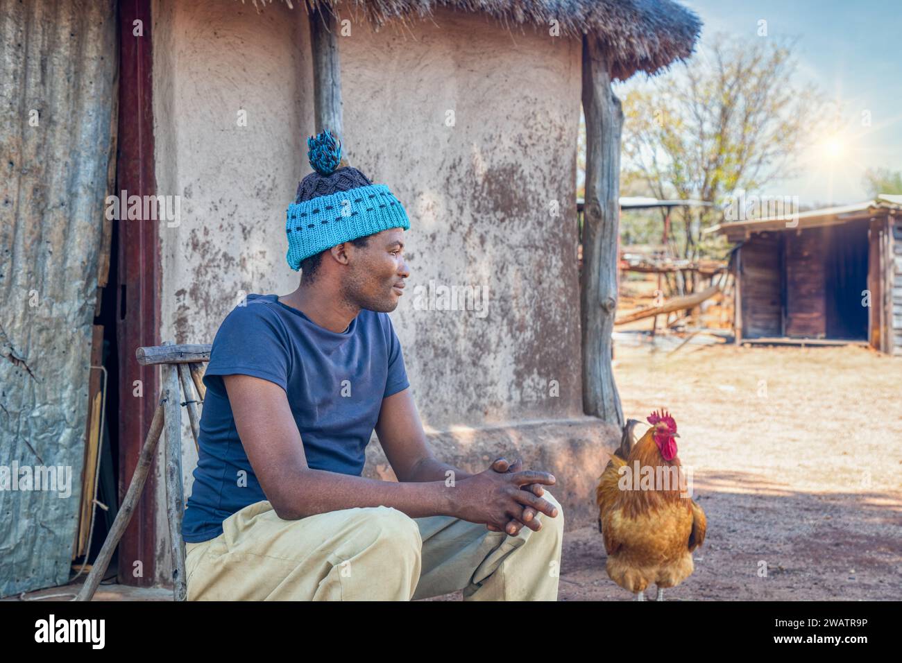 Vita in villaggio, contadino africano nel cortile insieme a un gallo, tramonto Foto Stock