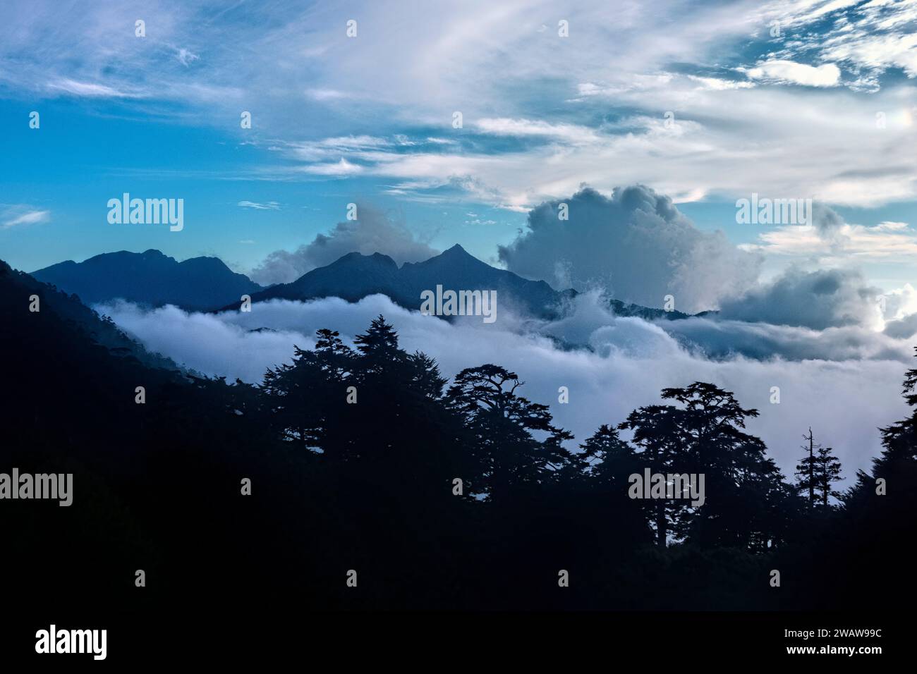 Nuvole che si snodano sotto il Nenggao Peak, Tianchi Lodge, Nantou, Taiwan Foto Stock