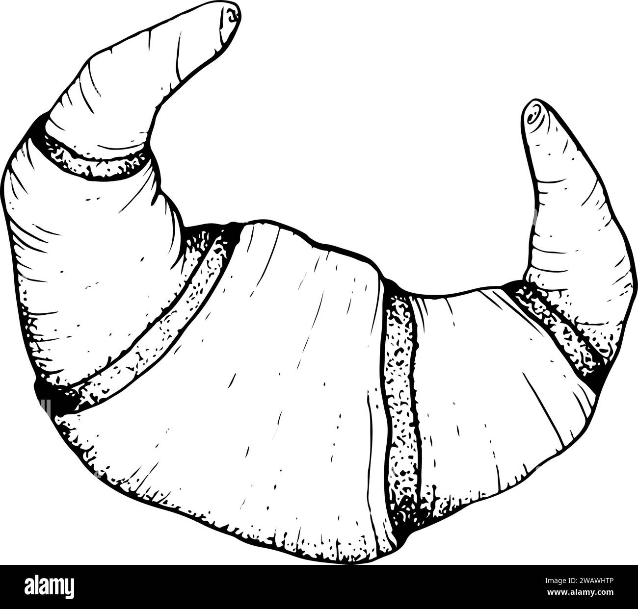 Dessert con croissant al burro grafico per colazione, illustrazione vettoriale in bianco e nero. Panetteria casalinga, pasticceria fresca Illustrazione Vettoriale