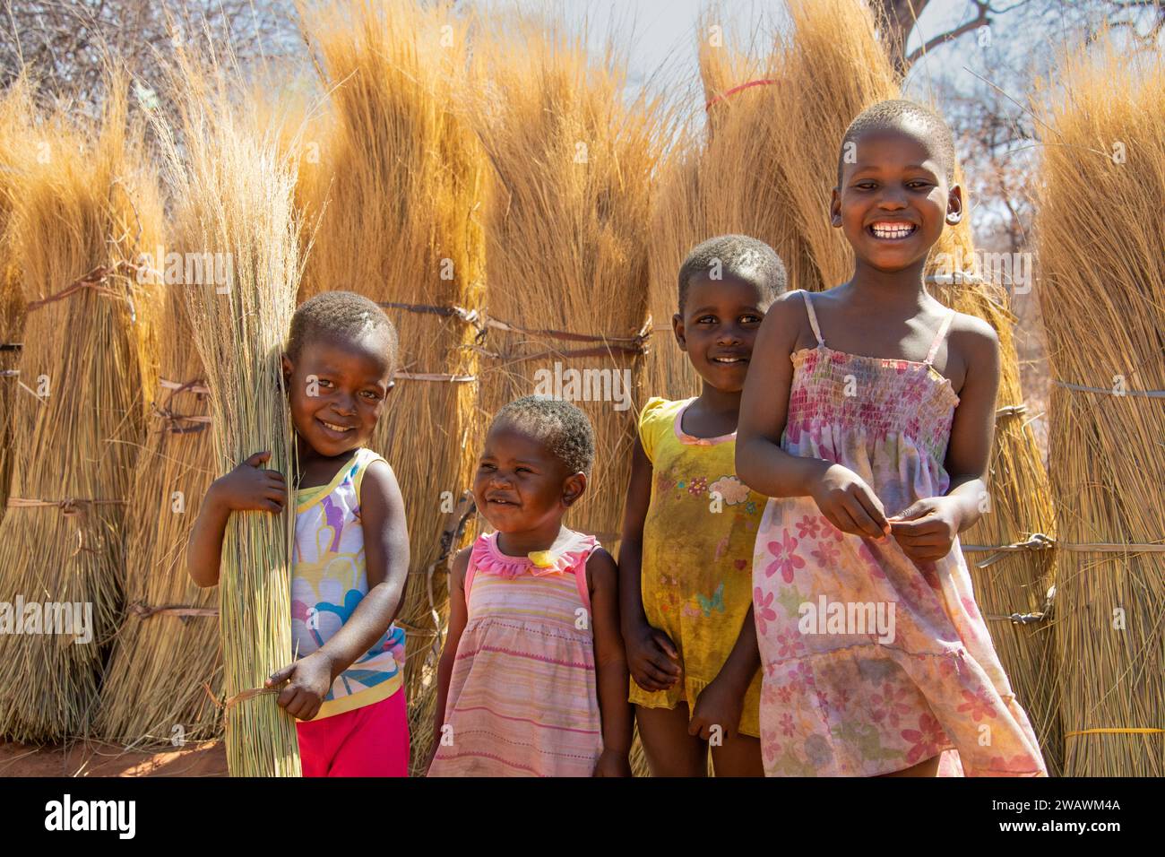 Famiglia di bambini africani che giocano insieme davanti all'erba di paglia, alla vita del villaggio, al sole dell'estate Foto Stock