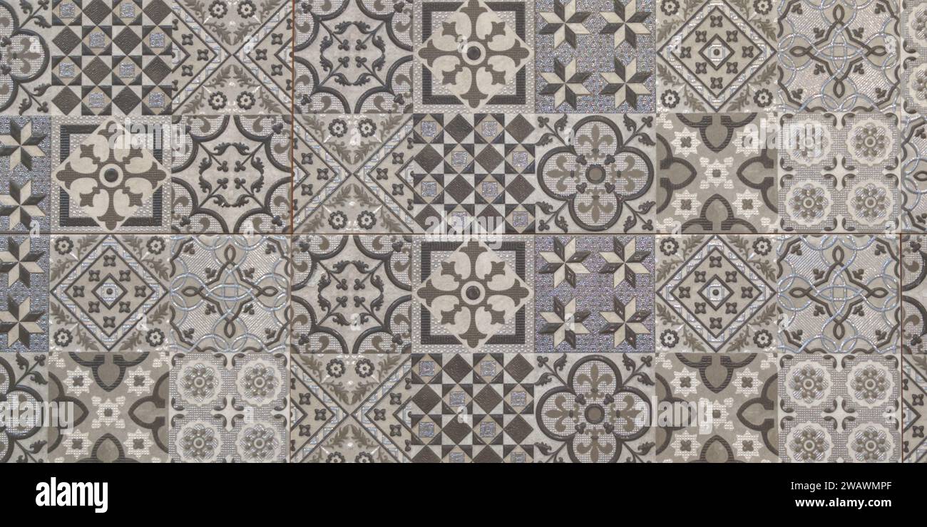 Sfondo texture senza cuciture dell'intestazione della superficie piastrellata Azulejo del vecchio muro in pietra nel panorama Web Foto Stock