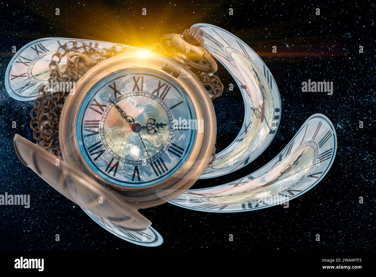 Concetto Scifi dell'universo dello spazio-tempo, distorsione temporale dell'orologio a torsione alterata nello spazio curvato per Space and Times of Theory, elemento immagine della NASA Foto Stock