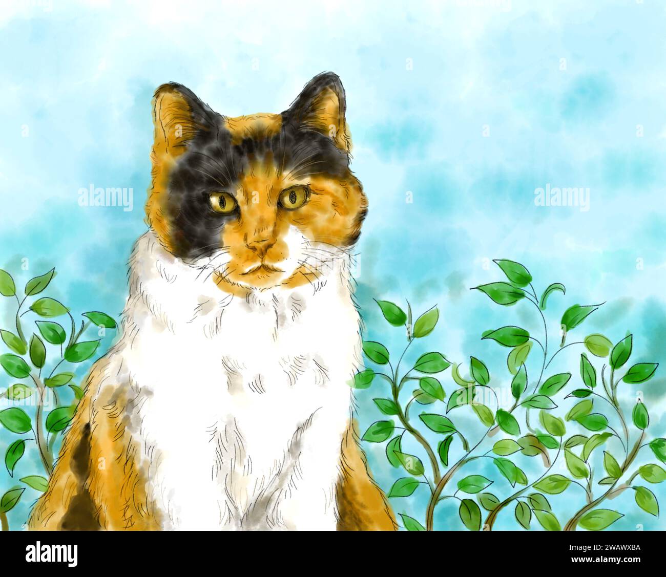 Ritratto di un adorabile gatto Calico seduto in uno sfondo naturale all'aperto. Pittura artistica ad acquerello disegnata a mano. Concetto di animale domestico. Foto Stock