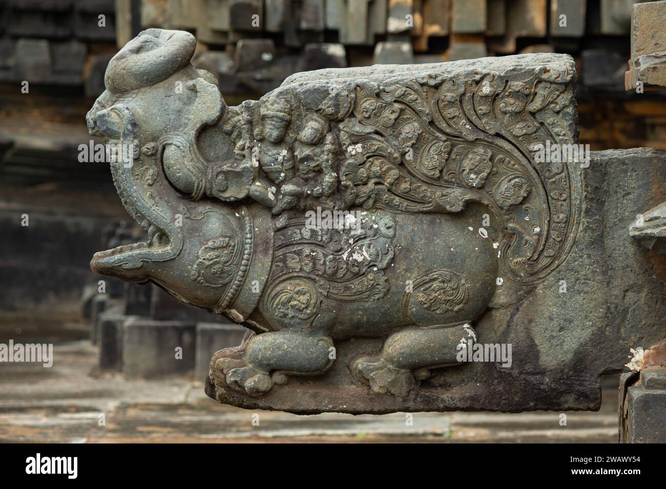 Scultura intagliata di Makara, la creatura mitologica indù sul Tempio di Tarakeshwara, Tempio del Signore Shiva dell'XI secolo, Hangal, Karnataka, India. Foto Stock