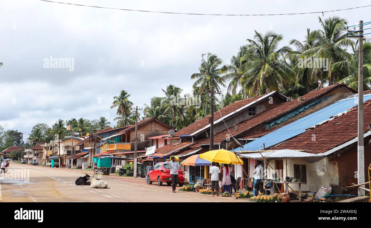 Le case tradizionali e gli alberi di cocco intorno, il bellissimo villaggio, Banavasi, Karnataka, India. Foto Stock