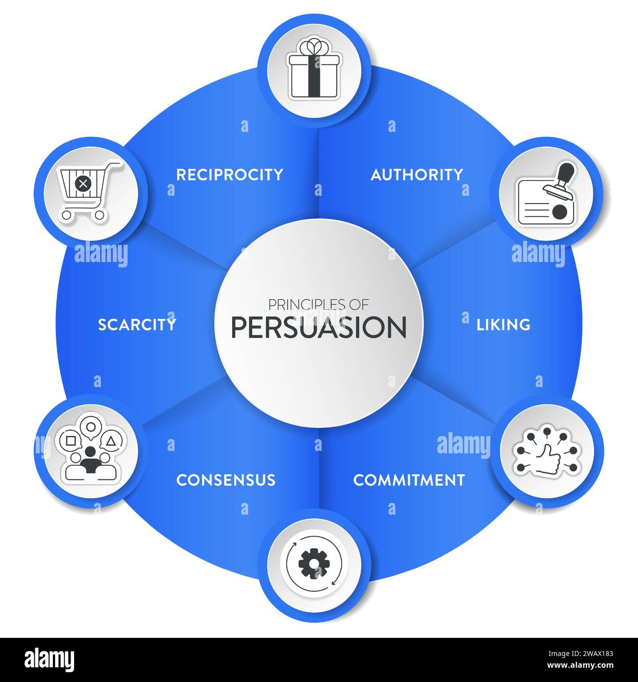 Il banner infografico del diagramma del framework dei principi di persuasione con vettore di icone ha recprocity, autorità, gradimento, impegno, scarsità e inganno Illustrazione Vettoriale