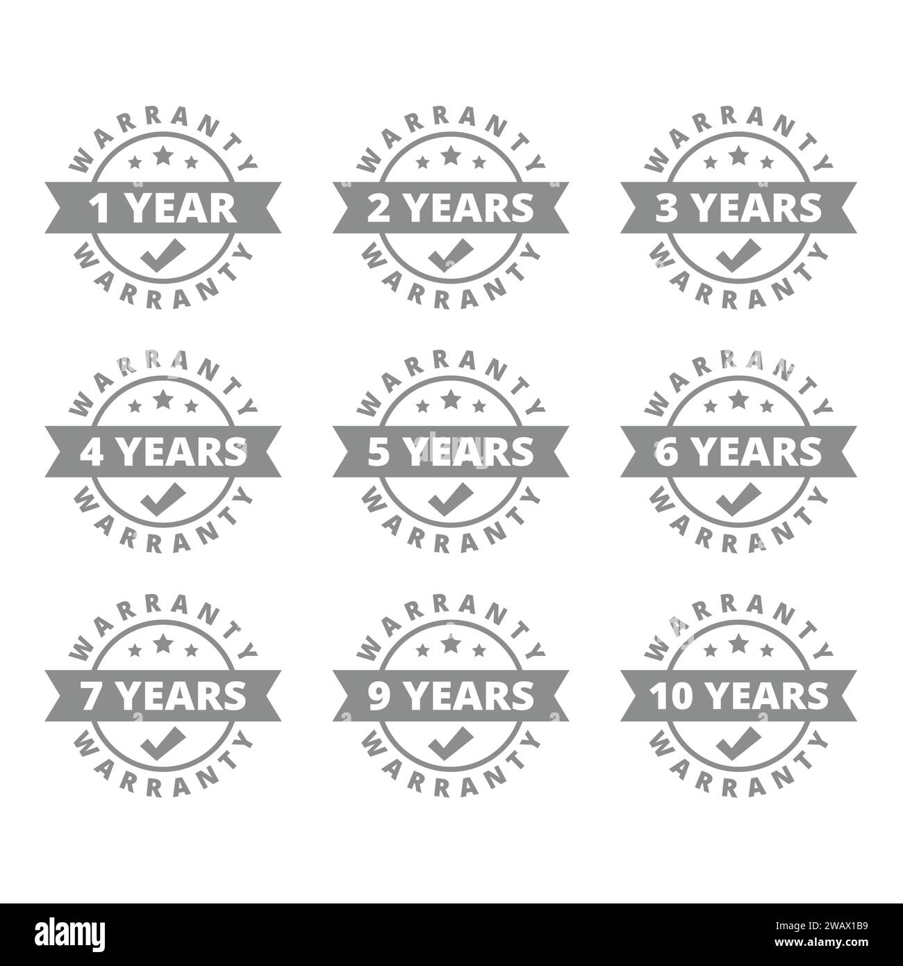 Anno di garanzia set di etichette vettoriali. 1,3,5 anni di garanzia etichette circolari. Illustrazione Vettoriale